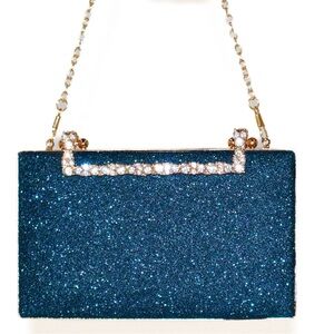 Elegant Dark Blue Glitter Rhinestone Handle Evening Clutch